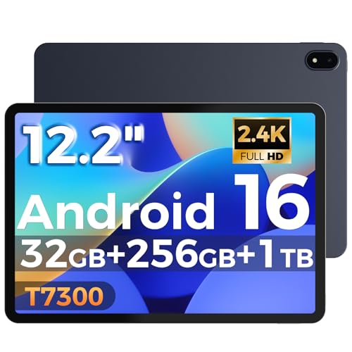 Tablet 12.2 Inch Android 16 Tablets, 32GB RAM + 256GB ROM, 2400 x 1600 IPS 10000mAh Tablet Octa-Core T7300, 5+16MP/Gemini AI/Widevine L1/TÜV Rheinland/18W Fast Charge/IP54 Waterproof