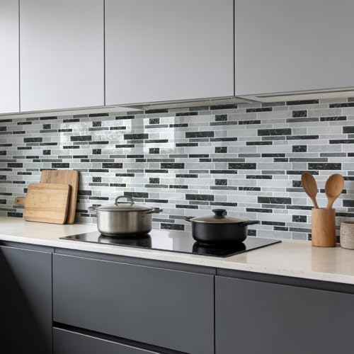 Vieshful 10 Pieces Adhesive Kitchen Tiles 30 x 30 cm, Self-Adhesive PVC Marble Effect Tiles, Kitchen and Bathroom Splash Protector, Wall Cladding Without Works Marble Black-Grey
