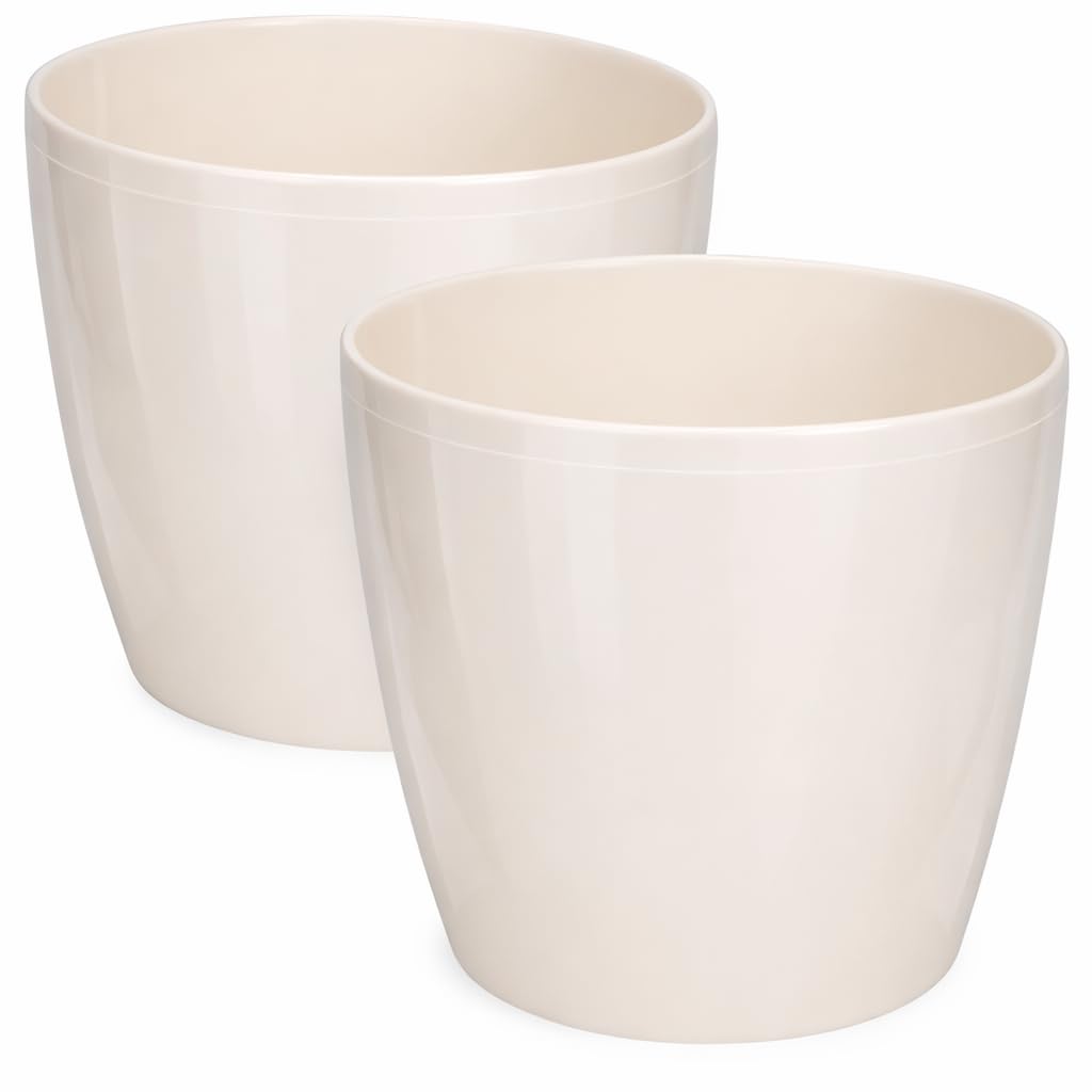 PECZEKO Shiny Flower Pots - Decorative Plant Pots for Flowers & Herbs - Durable & Lightweight Round Plastic Plant Pots for Living Room & Dining Room - Set of 2 - (Creamy, inch 4,7)