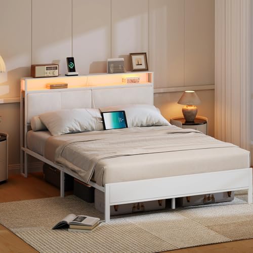 HOOBRO Full Bed Frame, Metal Platform Bed Frame with Charging Station and LED Light, Headboard with Shelves, No Box Springs Needed, White WT03UDBF01