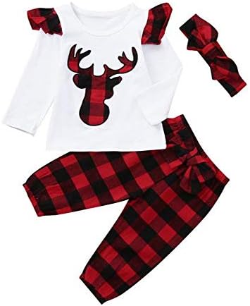 Clearance! Toddler Baby Girl Christmas Outfit Deer Print T-Shirt Top +Plaid Pants +Headband 3PCS Set