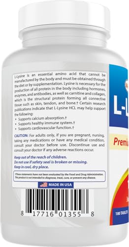 Best Naturals L-Lysine 1000mg 180 Tablets - Double Strength Lysine for stronger immune health & cold sores