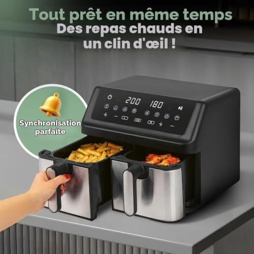 ProfiCook Friteuse à air chaud | Système de préparation simultanée | 9 litres | Friteuse à air chaud 2 compartiments | Frire sans graisse | Cuve avec anti-adhésif | Airfryer | PC FR 1296 H