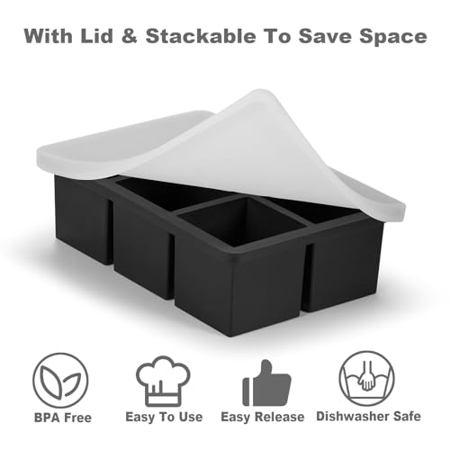 Large Ice Cube Tray with Lid for Whiskey Big Square Ice Cube Maker for Cocktail - 2Pack Silicone Old Fashioned Ice Cube Trays - Huge Cubed Ice Trays for Whisky