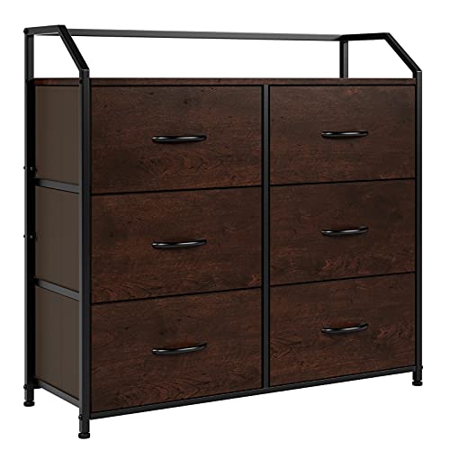 HOMECHO Fabric Dresser with 6 Drawers, Wide Chest of Drawers with Wood Top, Sturdy Metal Frame