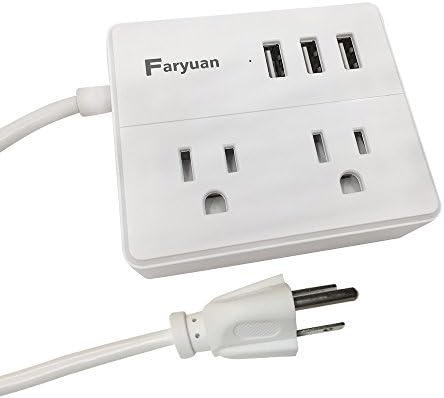 Faryuan Travel USB Portable Strip with 2 US Outlets 3 USB Ports Charging 1250W Light and Fashion White
