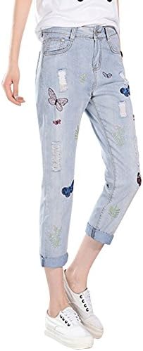 Fairyler Women Causal Ripped Jeans Butterfly Embroidery Ninth Denim Pants Harem Pants 26