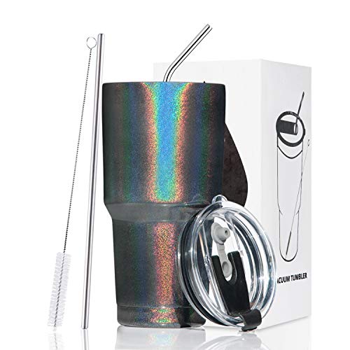 Toopify 30oz Stainless Steel Insulated Sparkle Black Tumbler Travel Mug with Straw Slider Lid, Cleaning Brush, Double Wall Vacuum