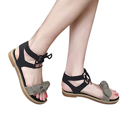 SMALLE ◕‿◕ Women's Elastic Flat Sandals, Women's Ladies Summer Ankle Strap Bowknot Beach Sandals Espadrilles Shoes Black