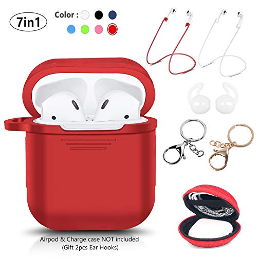 LKDEPO 7 in 1 Accessories Set [ Include Protective Silicone Case Cover/Ear Hook/Keychain/Strap/Travel Coin Bag ] (Red)