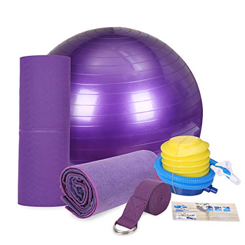 YEVITA Exercise Ball with Yoga Mat, Yoga Towel, Yoga Strap,Yoga Storage Bag, Stability Ball, Improves Balance and Core Strengthï¼ŒAnti-Burst & Extra Thick, Yoga Set Kit 5-Piece