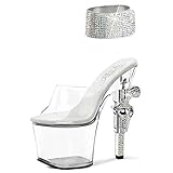 Silver and Clear Ankle Cuff Sandals with Rhinestone and Revolver Shape 7'' Heel Size: 9