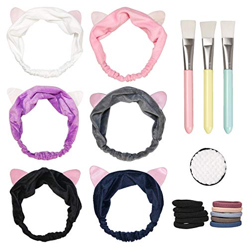 Haarband 6 Stück Stirnband Kosmetik Haarbänder mit Ohr für Frauen und Mädchen, Plüsch Stirnbänder Haarschmuck mit Maskenpinsel Gesichtschwamm und Haargummis für Gesicht Waschen und Make-up (Kätzchen)