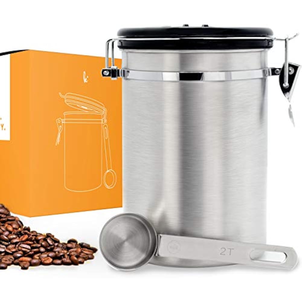 Coffee Canister (Large) Airtight Seal Set With Scoop Stainless Steel