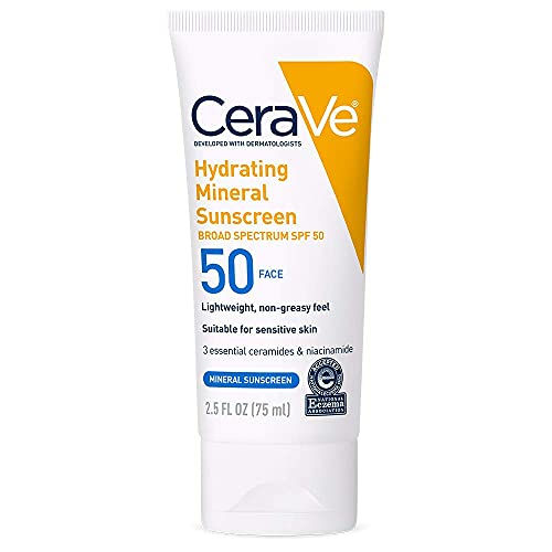 CERAVE 100% MINERAL SUNSCREEN SPF 50, FACE SUNSCREEN WITH ZINC OXIDE & TITANIUM DIOXIDE, HYALURONIC ACID + NIACINAMIDE + CERAMIDES, OIL FREE, TRAVEL SIZE 2.5 OZ