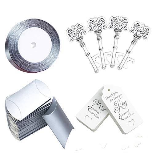 Aokbean 50pcs Wedding Favor Souvenir Gift Set Pillow Candy Box Vintage Skeleton Key Bottle Openers Escort Gift Card Thank You Tag French Ribbon (Silver) - Thumbnail 2