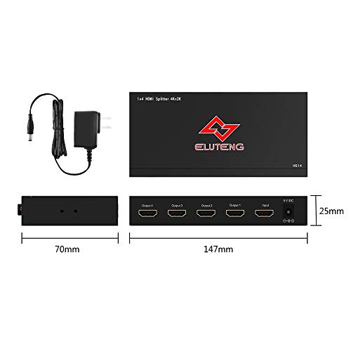 HDMI Splitter 1 in 4 Out, ELUTENG HDMI Switcher 4K Powered Adatper Supports Up to Ultra HD 3D 1080P HDMI Switch Compatible with STB PC PS4 DLP Xbox DVD Player Blu-ray to HDTV