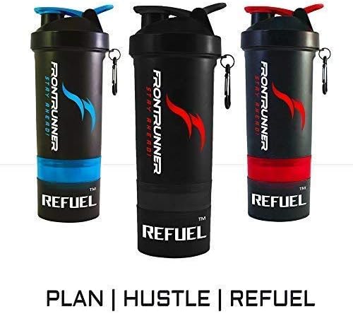 Latest Refuel Shaker - Flame Series - Uses include Protein Shaker, Smoothie holder, Water Bottle Or Even Coffee Cup | 600ml Main Compartment + 2 Additional Storage Containers for Powders, Pills, or Snacks, BPA Free Plastic, Ml + Oz Gauge
