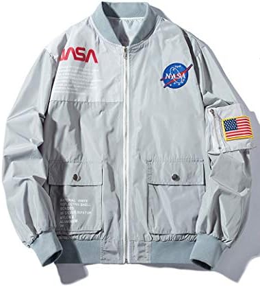 Wildswan NASA Jacket MA-1 Bomber Biker Zipper Coat Hiphop Motorcycle Jacket Grey B4034B-XL