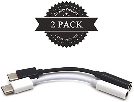 USB Type C to 3.5mm Female Headphone Earphone Jack Adapter AUX Stereo Audio Cable for Motorola Moto Z, MacBook Pro, Google Pixel 2 XL, Samsung More, Essential PH-1, HTC U11,etc (2 Pack -Black White)