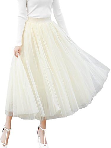Women's A-line Mesh Tulle Skirts with Stretch High Waist and Lining (Apricot)