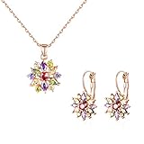BAMOER 18K Rose Gold Plated Cubic Zirconia Snowflake Lever Back Earrings Necklace Set for Women Girls CZ Jewelry Set Rose Gold & Colorful CZ