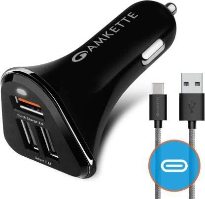 Amkette Power Pro 3 Port USB Car Charger with Quick Charge 3.0 + Braided Type C Cable (Black)
