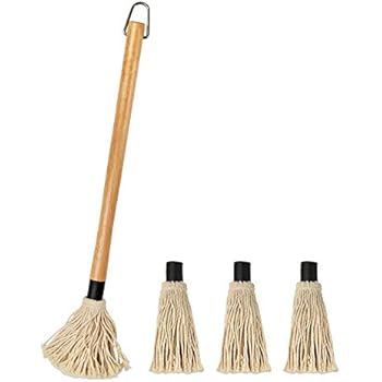 YFWOOD 18 Inch Grill Basting Mop Wooden Long Handle with 3 Extra Replacement Heads for Grilling & Smoking