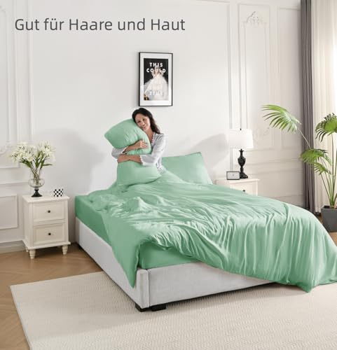bienDo Fitted Sheet, 160 x 200 cm Bed, Bamboo - Vegan Silk, 400 Thread Count, Pocket 35 cm, Cooling Sheet, Breathable and Soft-Green