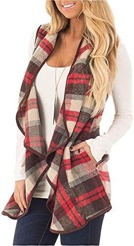 SocoToo Women's Color Block Lapel Open Front Sleeveless Plaid Vest Cardigan Pockets