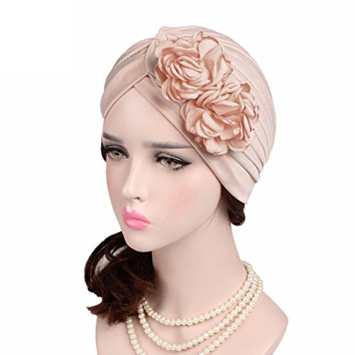 QingFan Women Muslim Solid Flowers Cancer Chemo Hat Turban Headbands Hair Loss Wrap Cap (Beige)