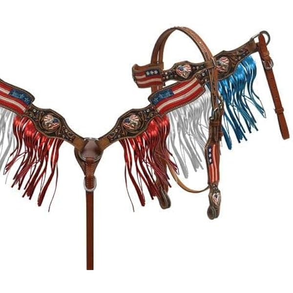 Patriotic Horse Tack Set | Red White Blue Headstall & Breast Collar With Fringe | Rhinestone Star Conchos
