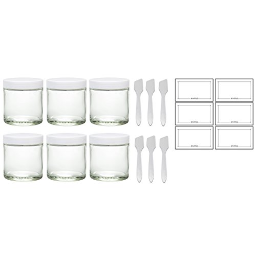 Clear Thick Glass Straight Sided Jar with White Smooth Lids - 4 oz / 120 ml (6 pack) + Spatulas and Labels