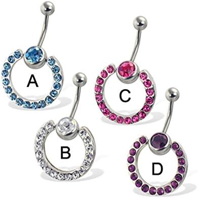 Jeweled Door Knocker Navel Ring, Pink - C