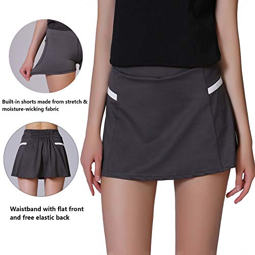 POSHDIVAH Athletic Grey Skorts for Women Pleated Back Girls Tennis Skirts with Pockets Casual Golf Skorts Size M