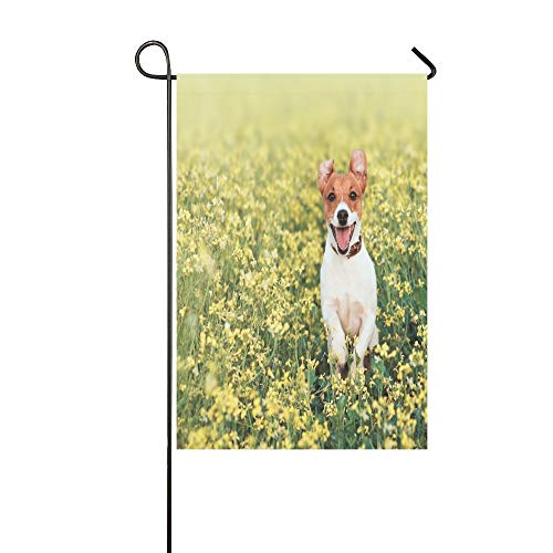 WIEDLKL Home Decorative Outdoor Double Sided Jack Russel Dog Run On Flower Meadow Garden Flag