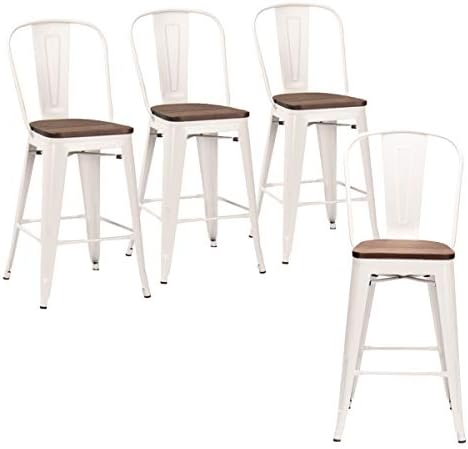 Andeworld Set of 4 Tolix-Style Counter Height Bar Stools Industrial Metal Bar Stools Indoor-Outdoor (High Back White Wooden, 30 Inch)