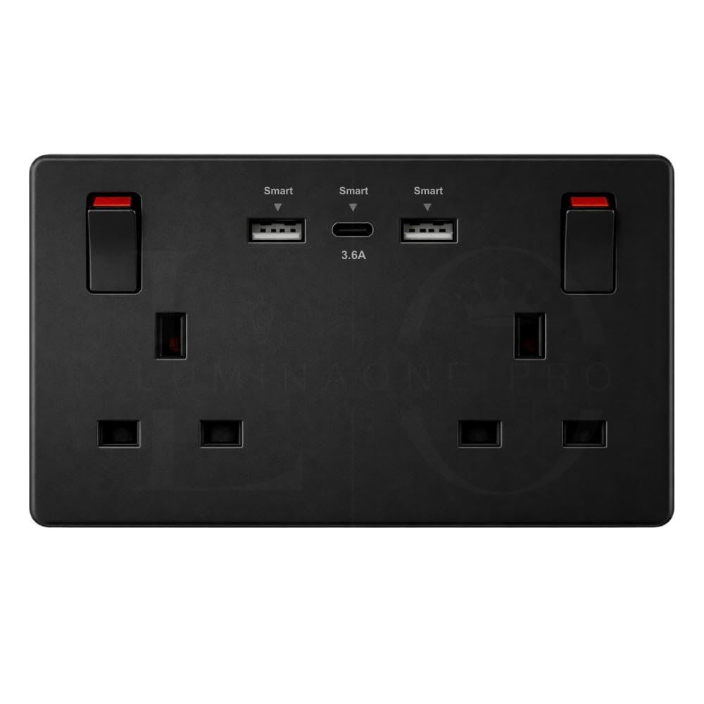 Double Switched Wall Plug Socket with USB-C & USB-A, 13A 2-Gang, 25W Combined Output, Matt Black (Use a 35mm-Deep Back Box)