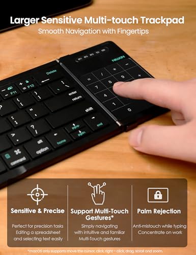 Nillkin Foldable Bluetooth Keyboard Folding with Touchpad & Number Pad, Portable Wireless Full Size Travel Keyboard with Trackpad for PC Laptop iPad Tablets Smartphone, Silicone Leather Cover, Black