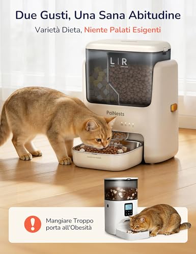 PalNests 5L Automatic Cat and Dog Food Dispenser, WiFi 2.4G/5G with APP, Dual Compartment Dispenser, Programmable Timer 1-10 Meals per Day for 1-12 Servings, 304 Stainless Steel Bowl