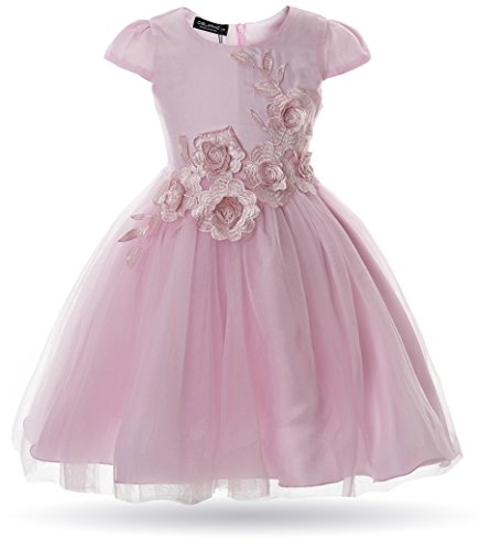 Cielarko Girl Dress Kids Flower Appliques Tulle Wedding Party Birthday Dresses For 2-10 Years (5-6 Years, Pink)