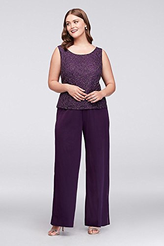 Metallic Lace and Chiffon Plus Size Pantsuit Style 949801, Eggplant, 18W - Mother of the Bride 