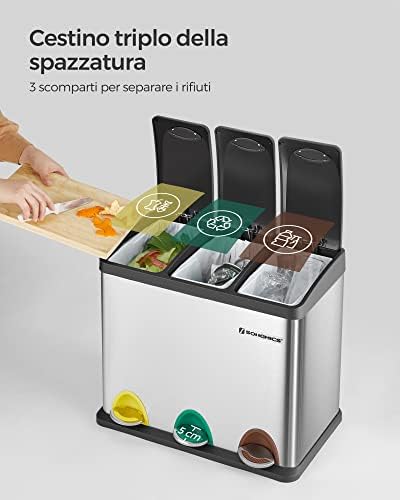 Cestino per Rifiuti da Cucina, 3 x 8 L Pattumiera Differenziata Piccolo Volume, Cestino Triplo in Acciaio, Pedali e Secchi Interni, Facile da Pulire, Argento e Nero LTB24L