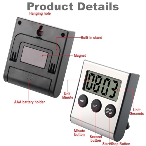 Kitchen Timer, Digital Kitchen Timer Clock Magnetic Mini Stopwatch Timer Kitchen Countdown 99 Minutes 59 Seconds Steel for Baking, Study Training