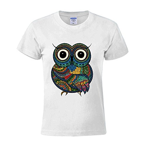 Jstmon Owl Whith Flowers On Llight Cotton Crew Neck T-Shirt For Women White