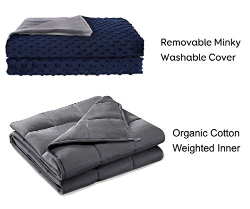 BUZIO Weighted Blanket with Removable Minky Cover | 20 lbs | 60"x80" | for Individual About 230 lbs | Premium Glass Beads | 100% Natural Cotton | Grey/Navy Blue