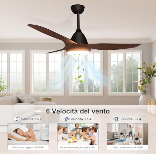 snsok Ceiling Fan with LED Light 52 Inches 3 Blades, 6 Speed + 3 Light Temperature, Super Silent DC Motor, Timer with Remote Control, Reverse Function Summer/Winter (black)
