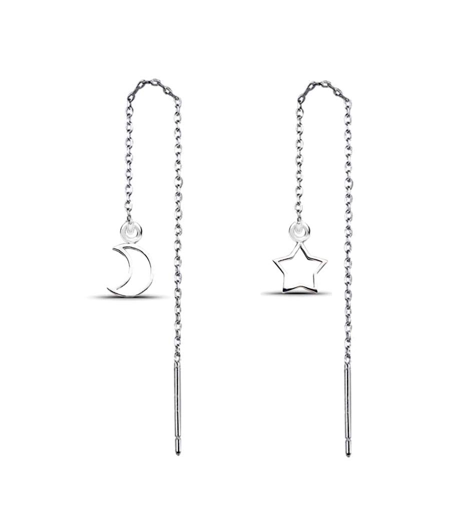Iszie 925 Sterling Silver Mini Moon Star Threader Pull Through Dangle Women's Earrings Gift for Girls Women