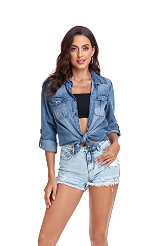 WOMEN’S LONG SLEEVE BUTTON DENIM SHIRT V NECK COTTON CLASSIC CASUAL JEAN SHIRTS FOR WOMEN BLUE
