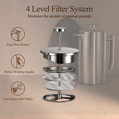 Veken French Press DoubleWall 18/10 Stainless Steel Coffee & Tea Maker